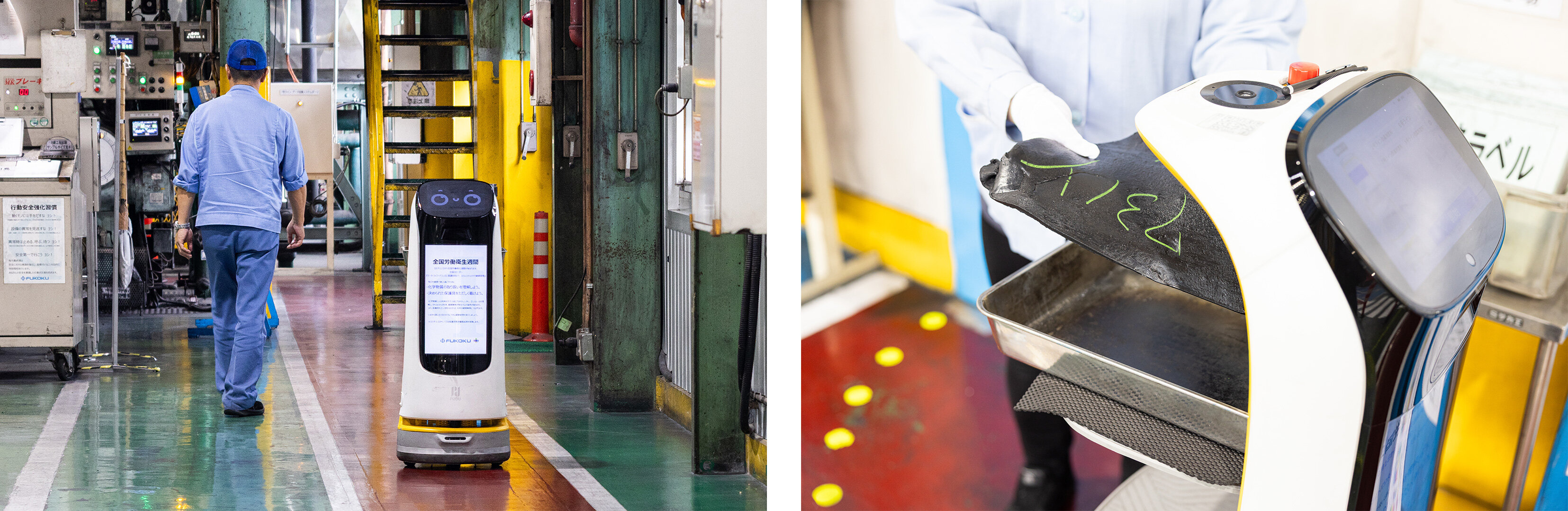 配膳ロボットの「KettyBot Pro」に、フコク群馬工場の従業員がテストサンプルを乗せている