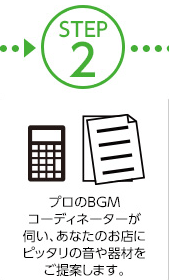 STEP2 プロのBGMコーディネーターが伺い、あなたのお店にピッタリの音や器材をご提案します。