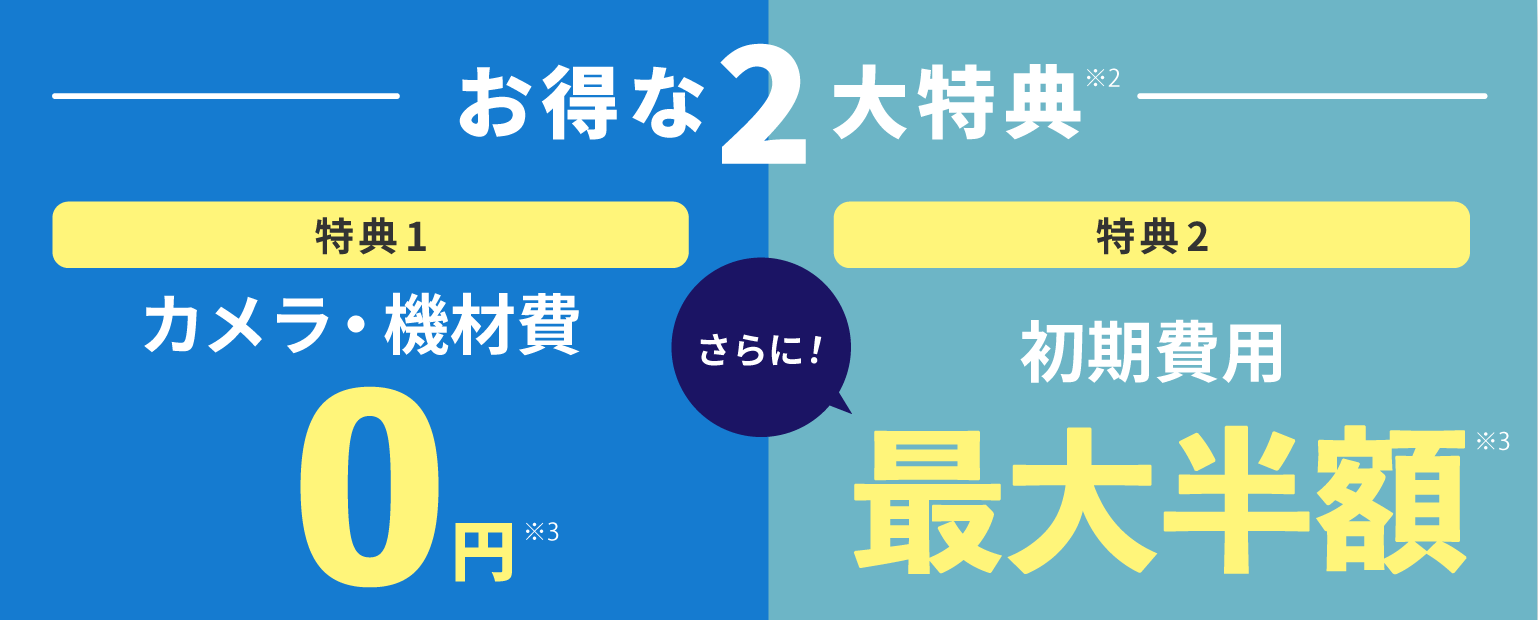 店舗防犯カメラのおトクな2大特典！ カメラ・機材費 0円 初期費用 最大半額